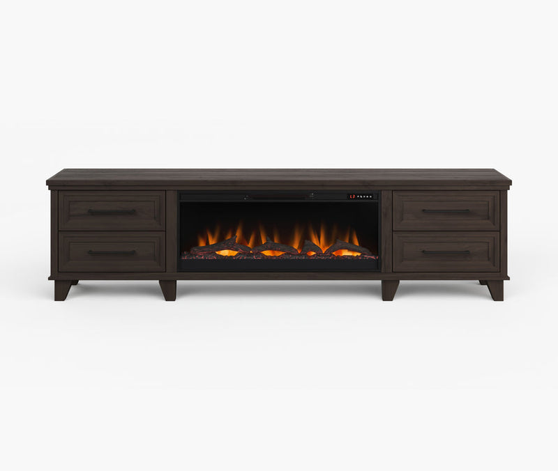 Realcozy Sonoma 95-inch electric fireplace TV stand in Java finish with realistic flames