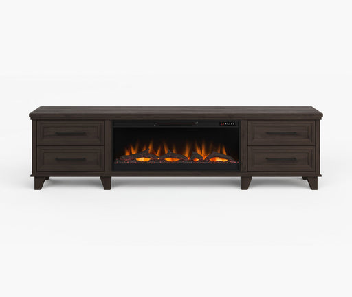 Realcozy Sonoma 95-inch electric fireplace TV stand in Java finish with realistic flames
