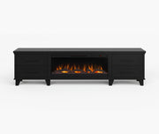 Realcozy Sonoma 95-inch electric fireplace TV stand in Moody Black finish with realistic flames