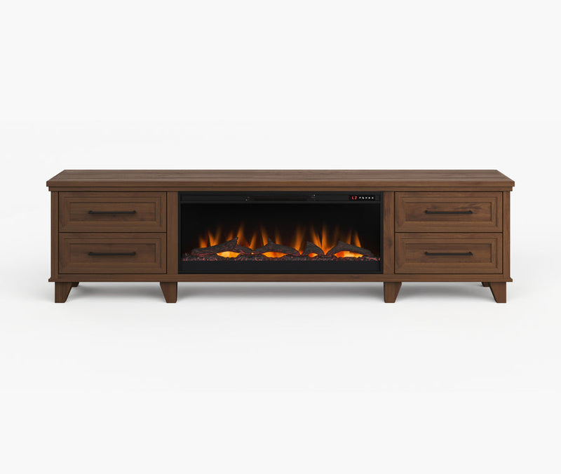 Realcozy Sonoma 95-inch electric fireplace TV stand in Whiskey finish with realistic flames