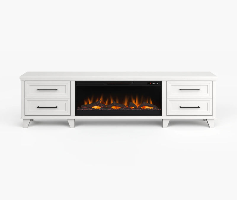 Realcozy Sonoma 95-inch electric fireplace TV stand in White finish with realistic flames