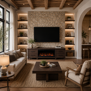 Realcozy Sonoma 95-inch Java electric fireplace TV stand in a modern living room