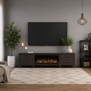 Realcozy Sonoma 95-inch Java fireplace TV stand styled in a cozy living space