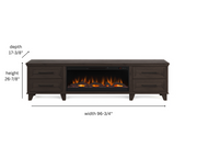 Realcozy Sonoma 95-inch Java electric fireplace TV stand specifications and dimensions