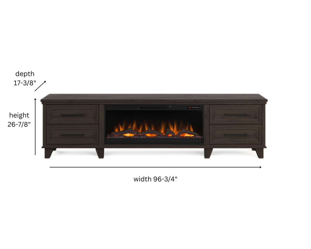 Realcozy Sonoma 95-inch Java electric fireplace TV stand specifications and dimensions