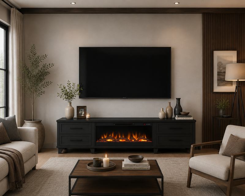 Realcozy Sonoma 95-inch Moody Black electric fireplace TV stand in a modern living room