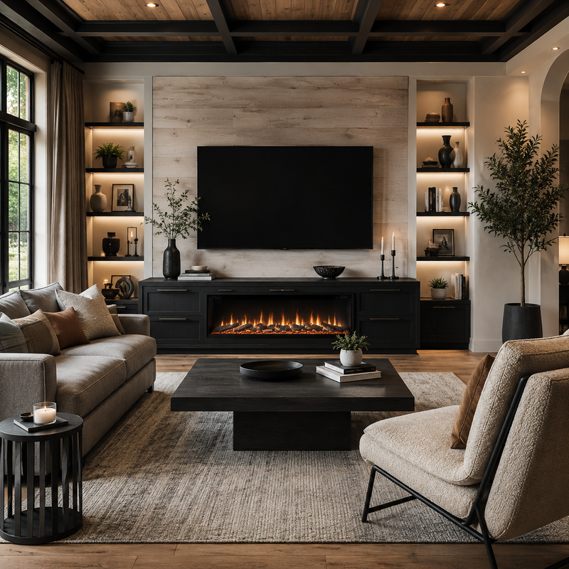Realcozy Sonoma 95-inch Moody Black fireplace TV stand styled in an elegant living space