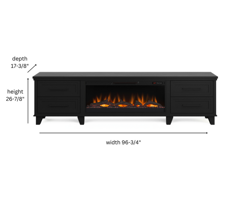 Realcozy Sonoma 95-inch Moody Black electric fireplace TV stand specifications and dimensions