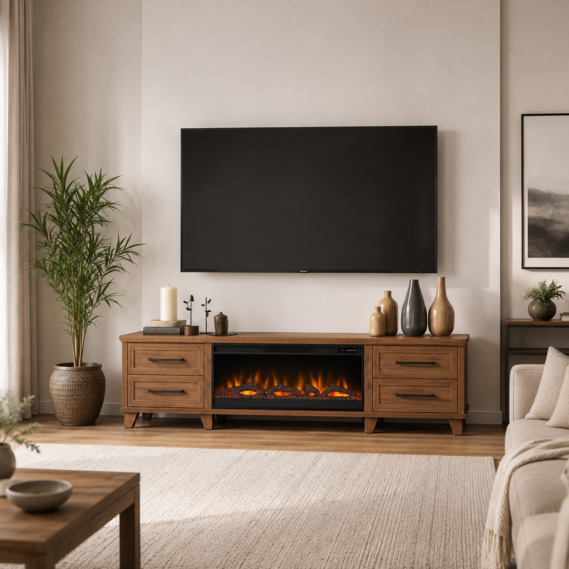 Realcozy Sonoma 95-inch Whiskey electric fireplace TV stand in a warm modern living room
