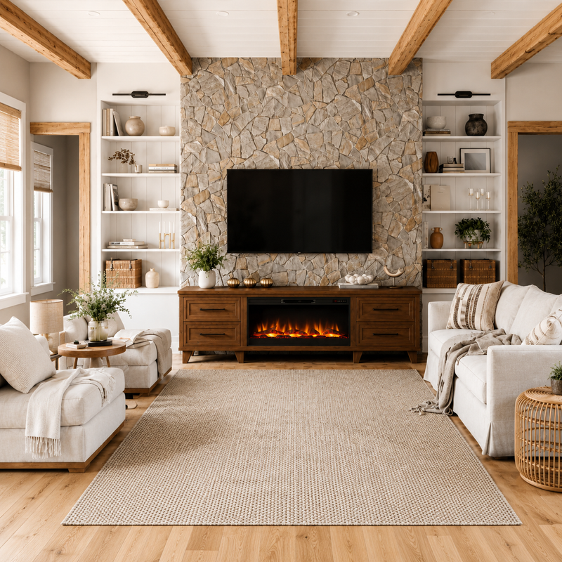 Realcozy Sonoma 95-inch Whiskey fireplace TV stand styled in a cozy contemporary space