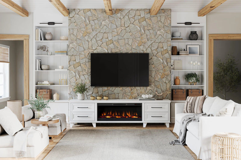 Realcozy Sonoma 95-inch White electric fireplace TV stand in a bright modern living room