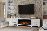 Realcozy Sonoma 95-inch White fireplace TV stand styled in a contemporary living space