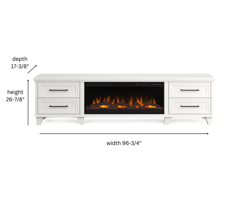 Realcozy Sonoma 95-inch White electric fireplace TV stand specifications and dimensions