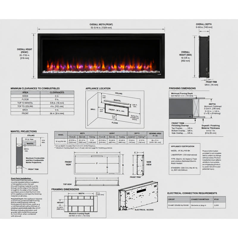 SimpliFire Allusion Platinum SF-ALLP50-BK 50" electric fireplace dimensions