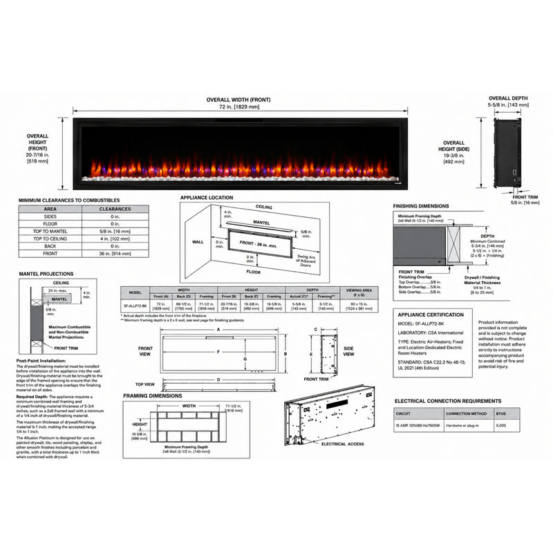 SimpliFire Allusion Platinum SF-ALLP72-BK 72" electric fireplace dimensions