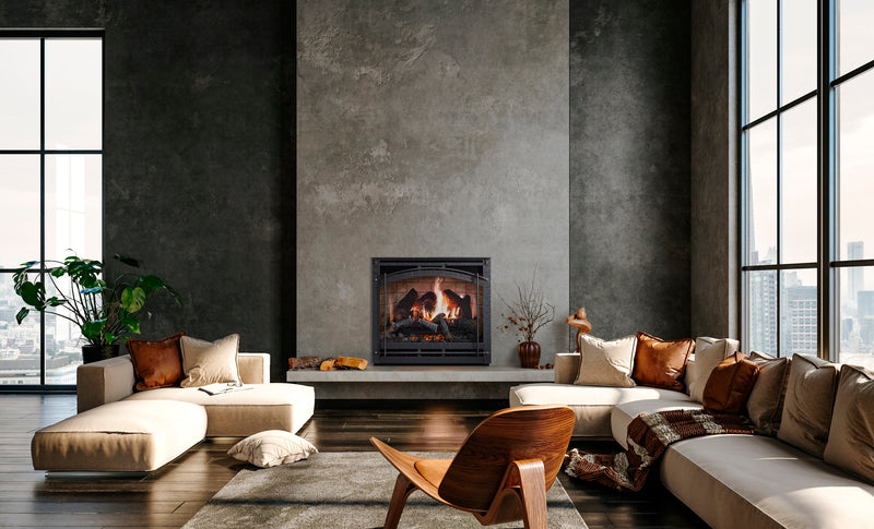 SimpliFire Inception 36" electric fireplace with Chateau Forge decorative front