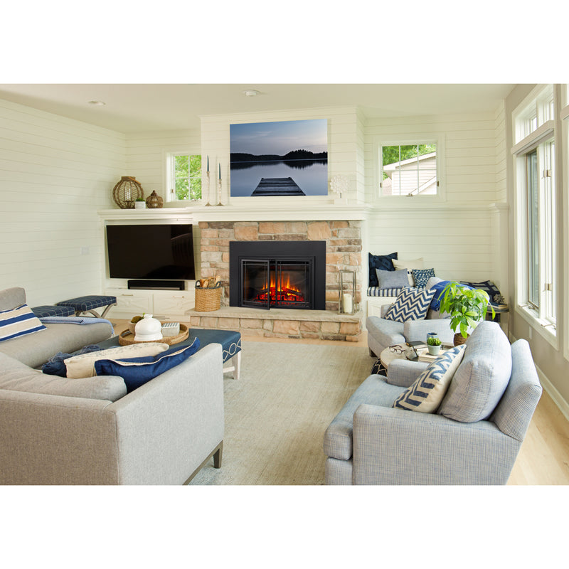 SimpliFire SF-INS25 electric fireplace insert installed in a living room