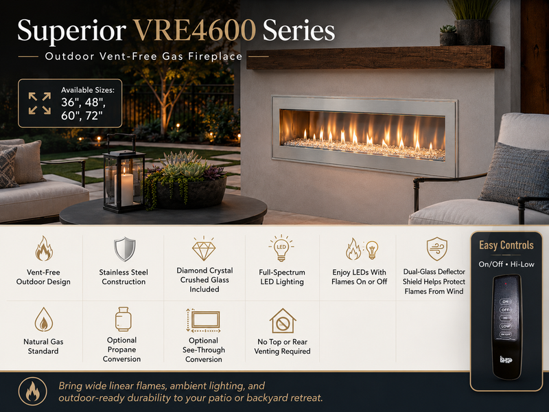Superior VRE4600 36 inch outdoor vent-free gas fireplace features and specifications