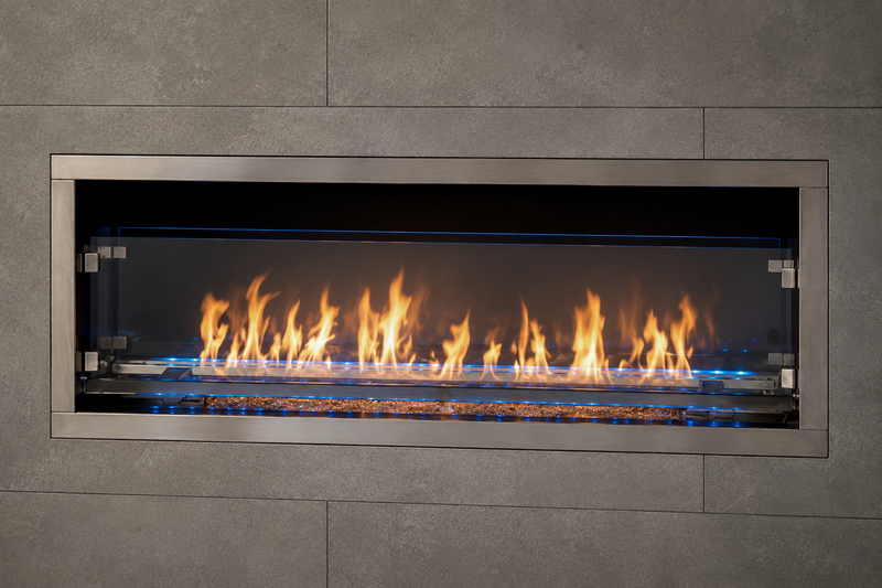 Superior VRE4600 outdoor vent-free gas fireplace installed in a modern wall