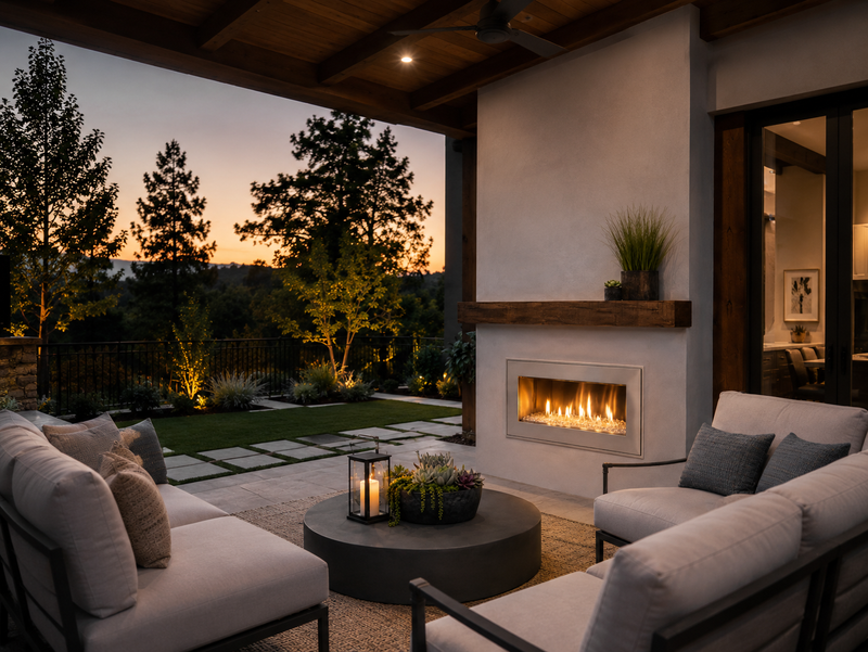 Superior VRE4600 linear gas fireplace in a contemporary outdoor living area