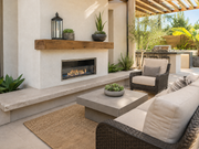 Superior VRE4600 outdoor vent-free gas fireplace in a modern covered patio
