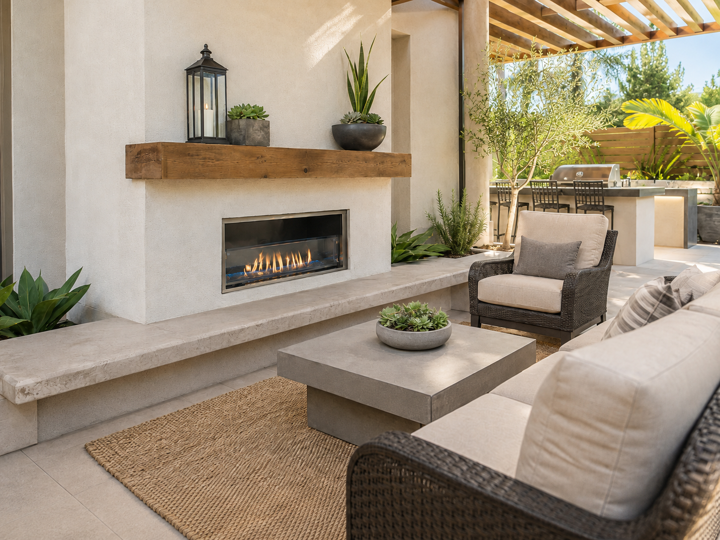 Superior VRE4600 outdoor vent-free gas fireplace in a modern covered patio
