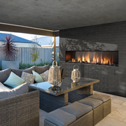 Superior VRE4600 linear gas fireplace in a covered outdoor lounge