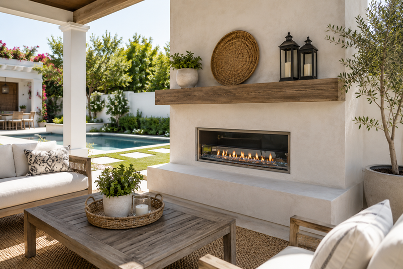 Superior VRE4600 outdoor gas fireplace in a bright patio living space