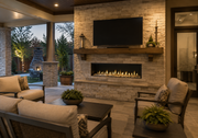 Superior VRE4600 outdoor vent-free gas fireplace in a covered entertainment area