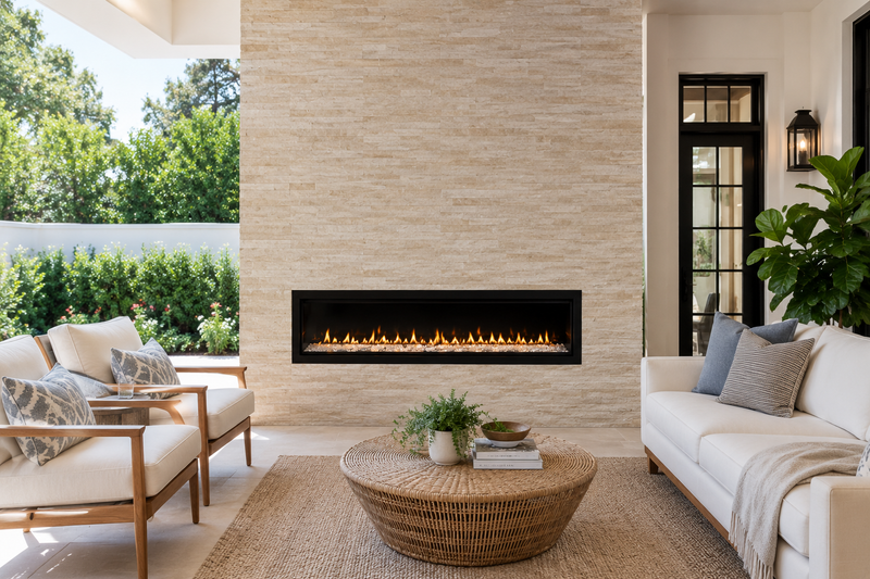 Superior VRE4600 linear vent-free gas fireplace in a modern outdoor patio