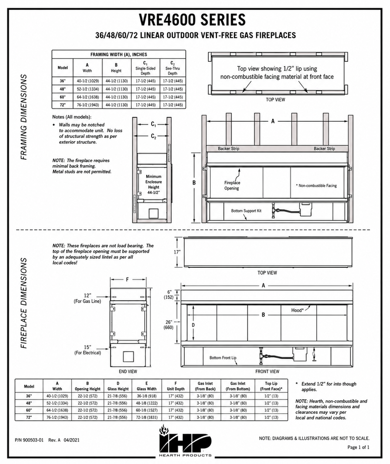 Superior VRE4600 Series outdoor vent-free gas fireplace specifications and dimensions