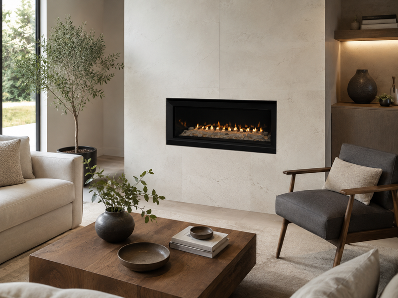 Superior VRL3000 Series linear vent-free gas fireplace in a modern living room