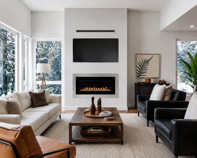 Superior VRL3000 Series linear vent-free gas fireplace in a bright contemporary living space