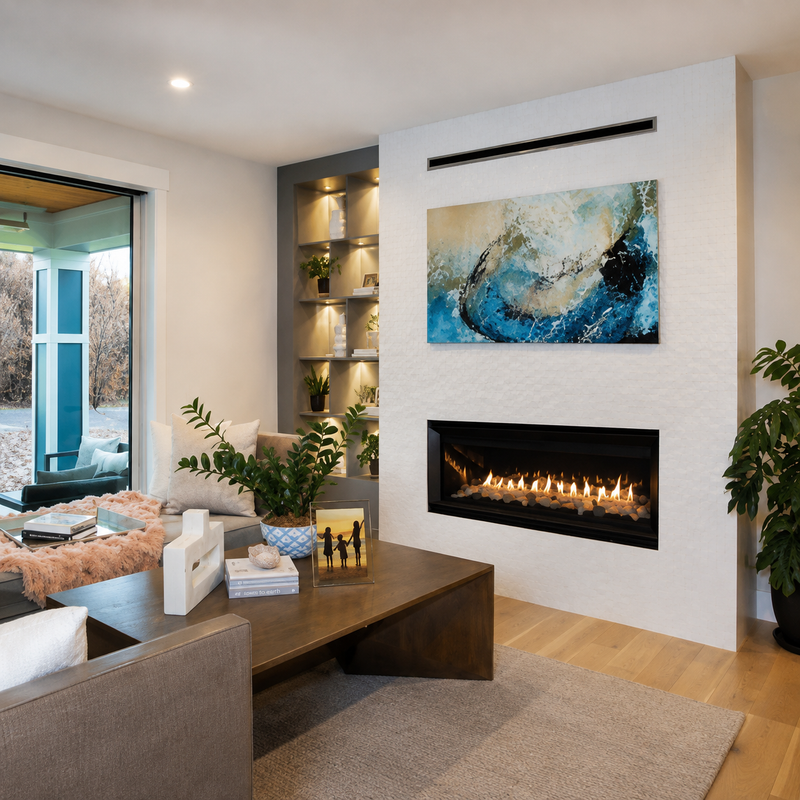 Superior VRL3000 Series linear vent-free gas fireplace in a contemporary family room