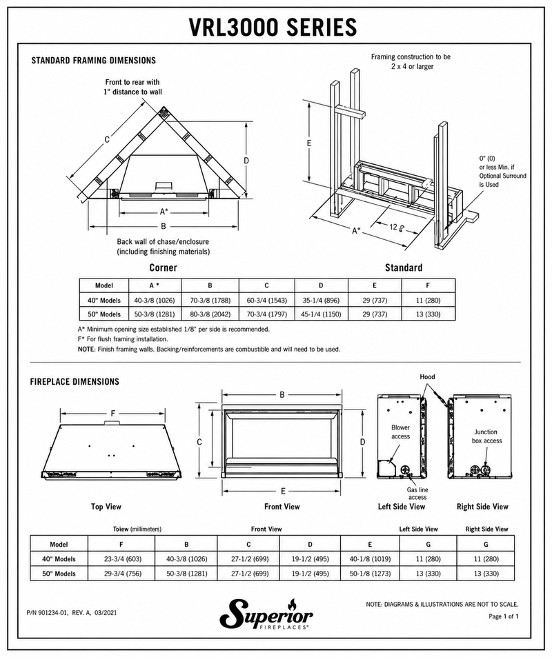 Superior VRL3000 Series linear vent-free gas fireplace specifications and dimensions