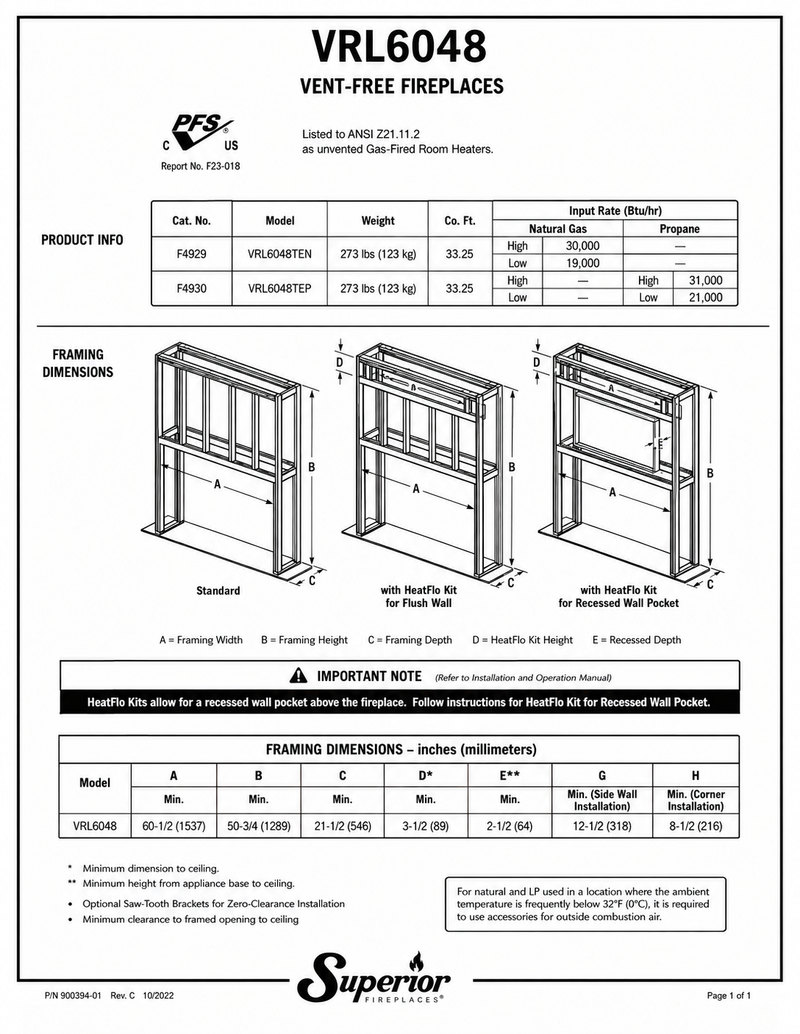 Superior VRL6000 Series linear vent-free gas fireplace specifications and dimensions