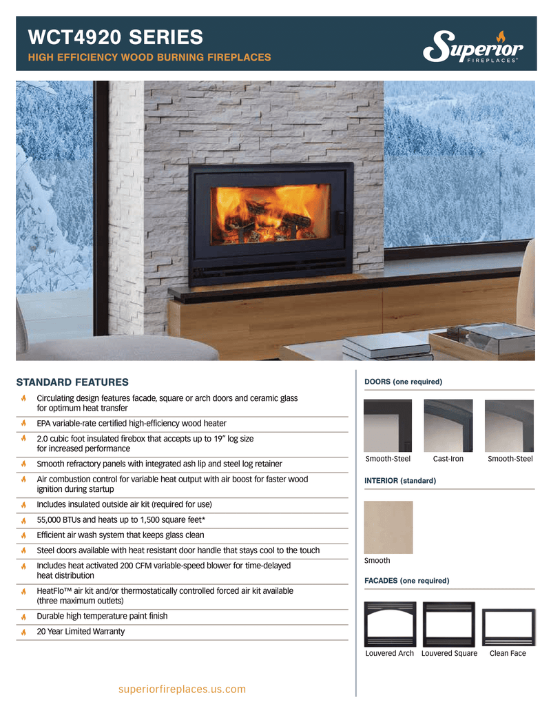 Superior WCT4920 high-efficiency wood-burning fireplace specifications and includes