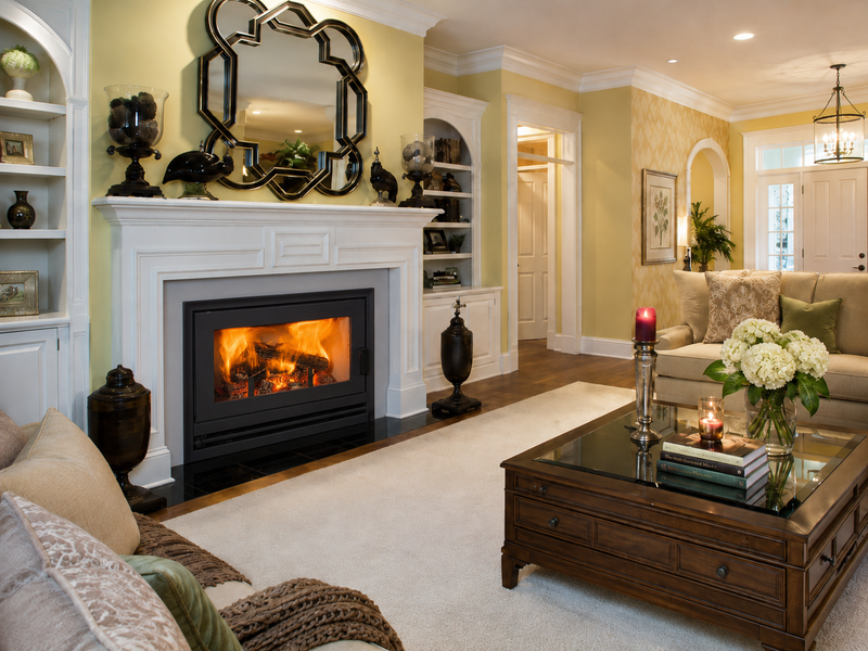 Superior WCT4920 high-efficiency wood fireplace in a cozy contemporary interior