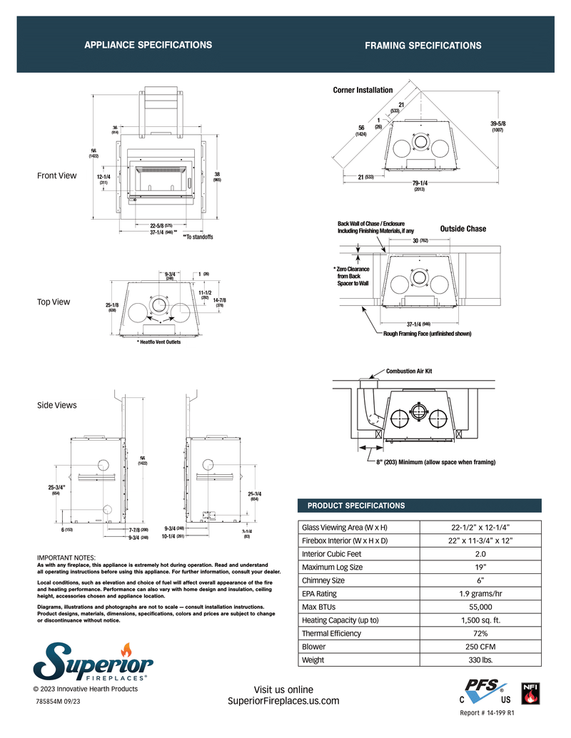 Superior WCT4920 high-efficiency wood-burning fireplace specifications and dimensions