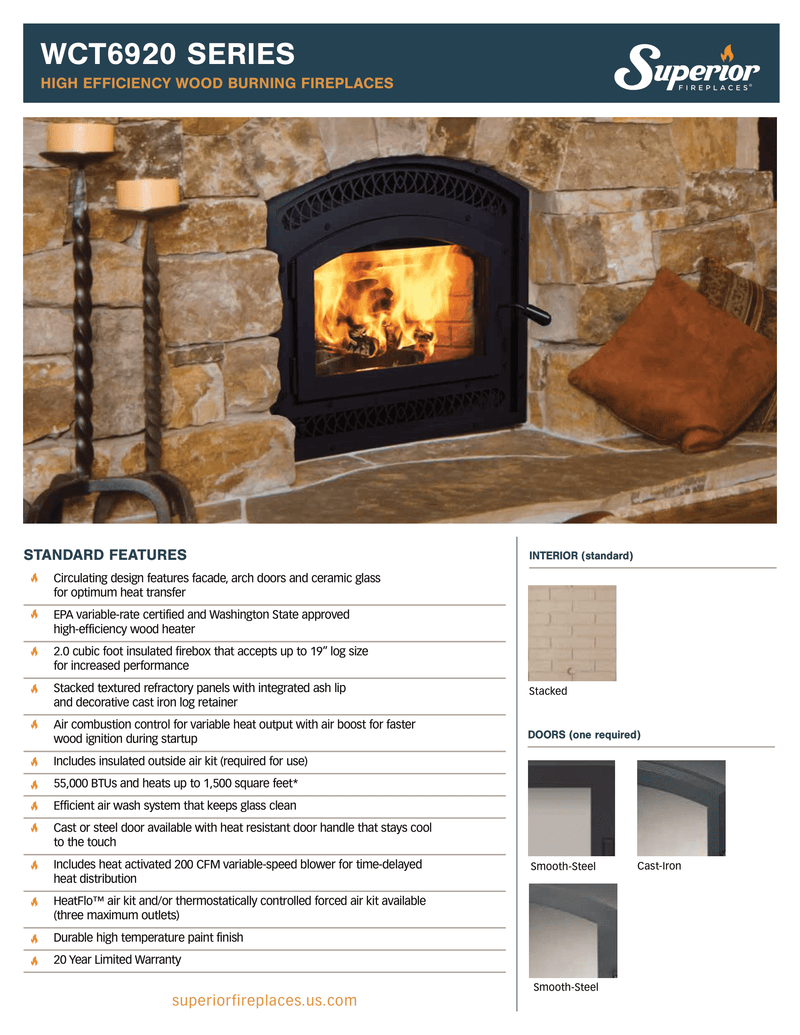 Superior WCT6920 high-efficiency wood-burning fireplace specifications and includes