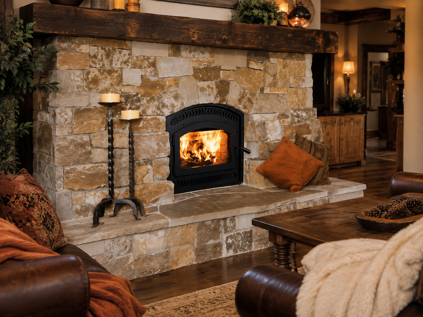 Superior WCT6920 high-efficiency wood fireplace in a cozy contemporary interior