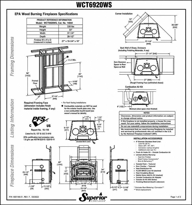 Superior WCT6920 high-efficiency wood-burning fireplace specifications and dimensions