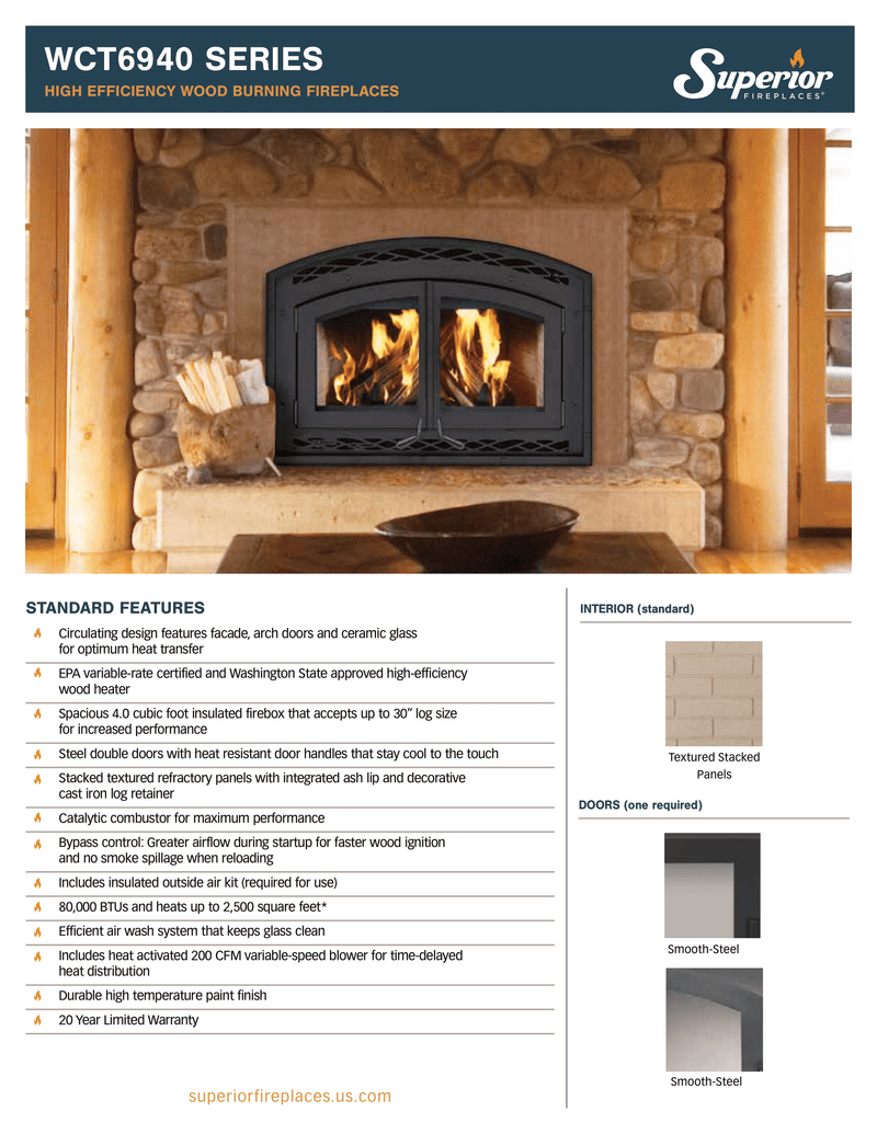 Superior WCT6940 high-efficiency wood-burning fireplace specifications and includes