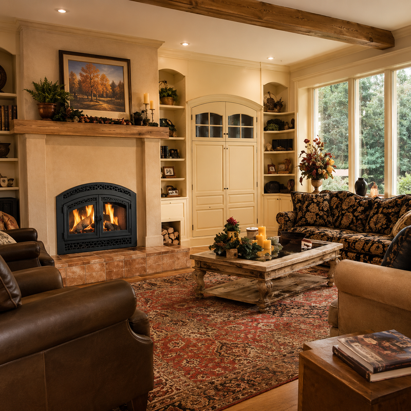 Superior WCT6940 high-efficiency wood fireplace in a cozy contemporary interior