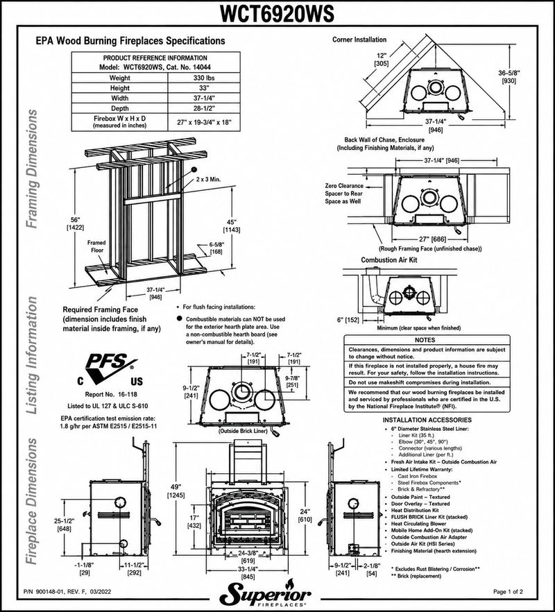 Superior WCT6940 high-efficiency wood-burning fireplace specifications and dimensions